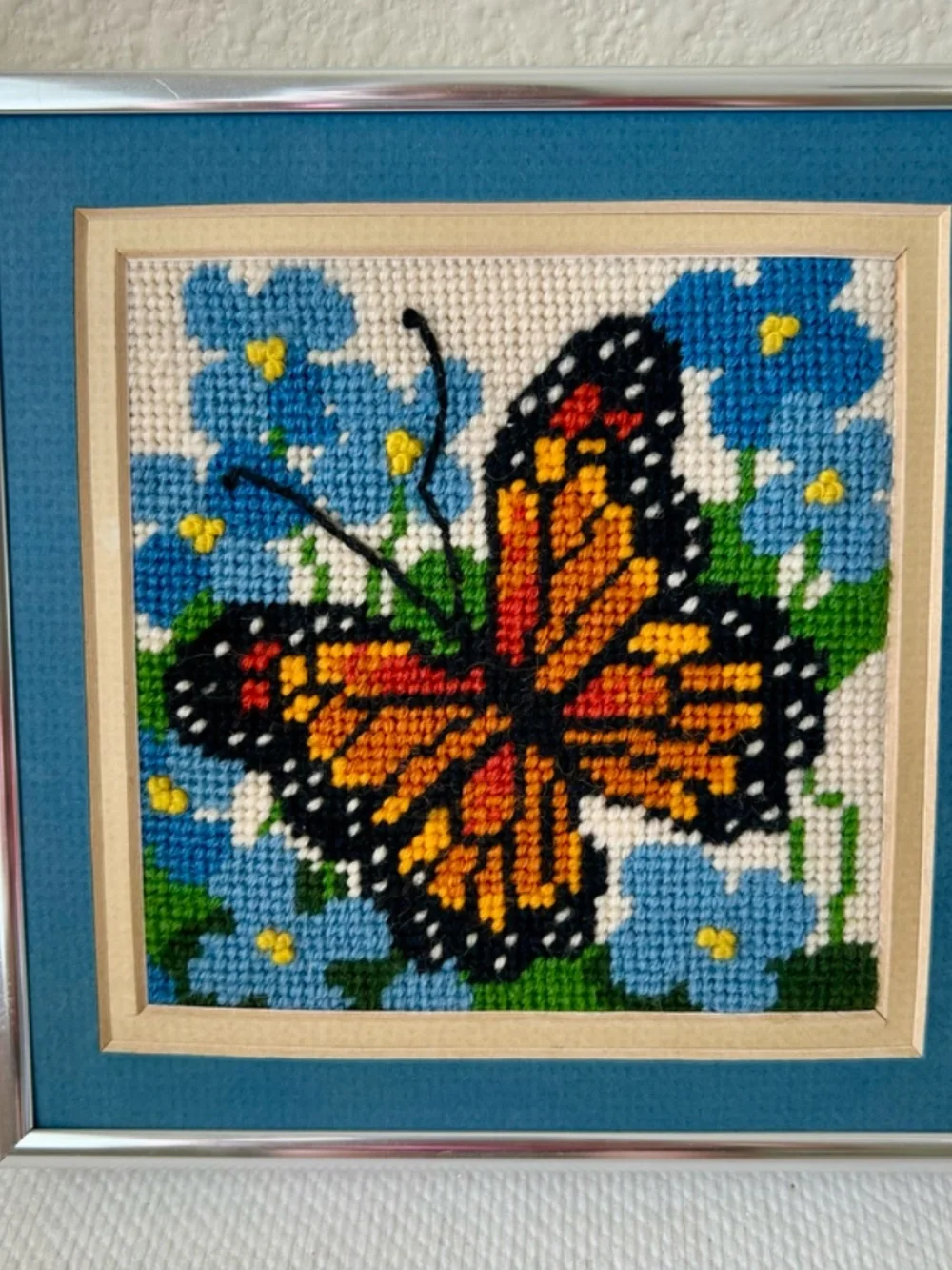 Vintage Needlepoint Butterfly with Blue Flowers Framed Matted 7" x 7" x 1" - Picture 2 of 10